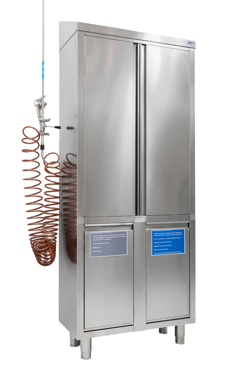 Stainless steel cabinet with hinged door, basin with removable trays, and glasswasher shower