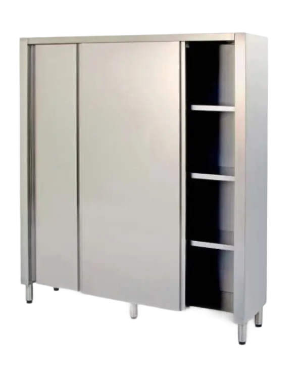 Stainless steel cabinet with upper and lower shelf