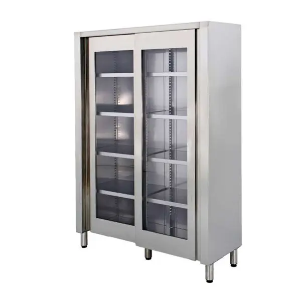 Stainless steel cabinet with transparent doors and lower shelf