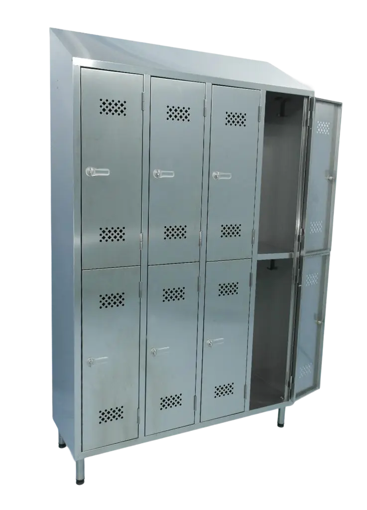 Stainless steel cabinet for dismantled glass with inclined removable trays