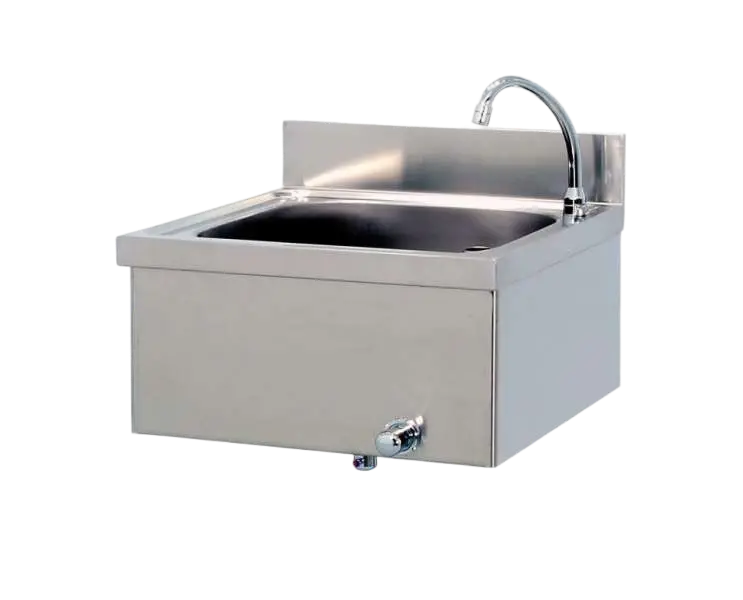 Wall-mounted stainless steel washbasin with knee-operated tap