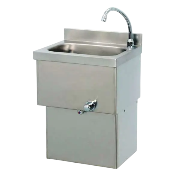 Stainless steel washbasin with knee-operated tap