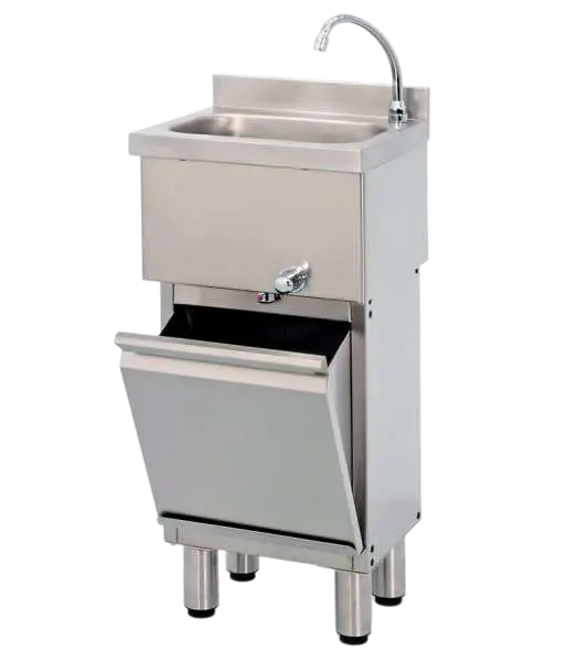 Freestanding stainless steel washbasin with tilting door