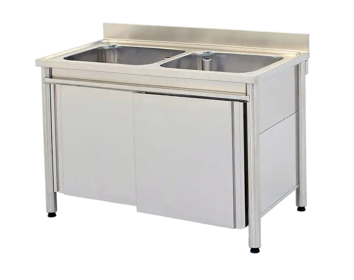 Double-bowl stainless steel sink with sliding doors