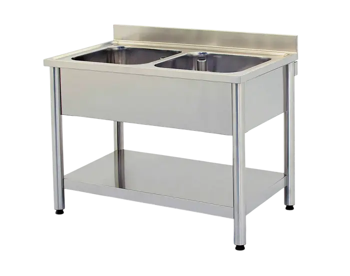 Double-bowl stainless steel sink with lower shelf