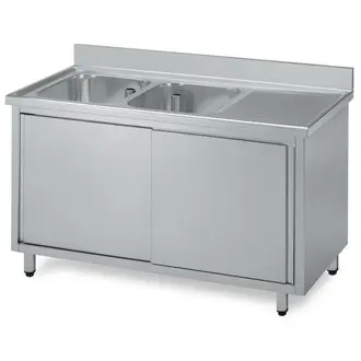 Double-bowl stainless steel sink with drainer and sliding doors