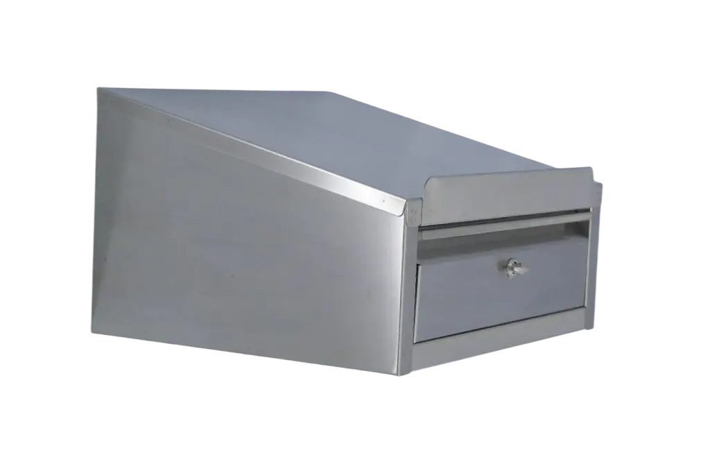 Stainless steel desk with hinged door, basin with removable trays, and glasswasher shower