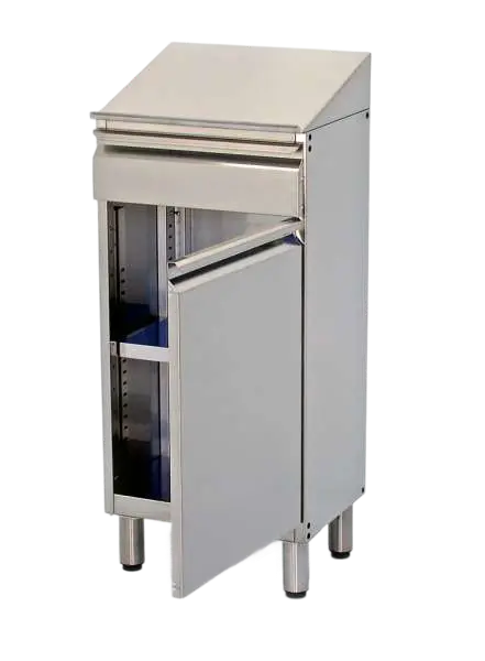 Stainless steel desk with hinged door and lower shelf with inclined removable trays