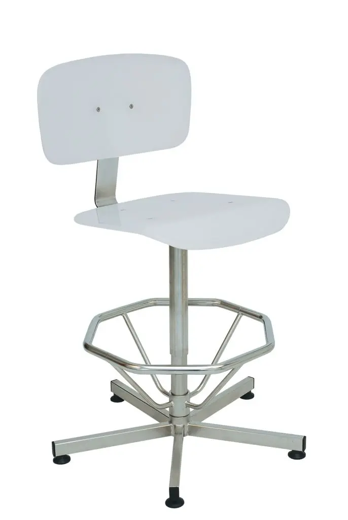 Stainless steel stool with footrest and white polyurethane seat