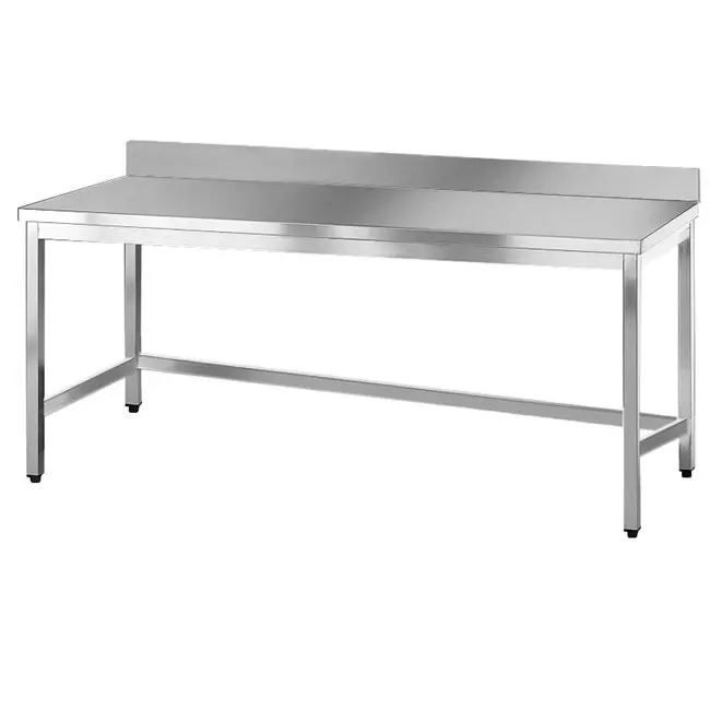 Corner stainless steel table with hinged door and rear backsplash