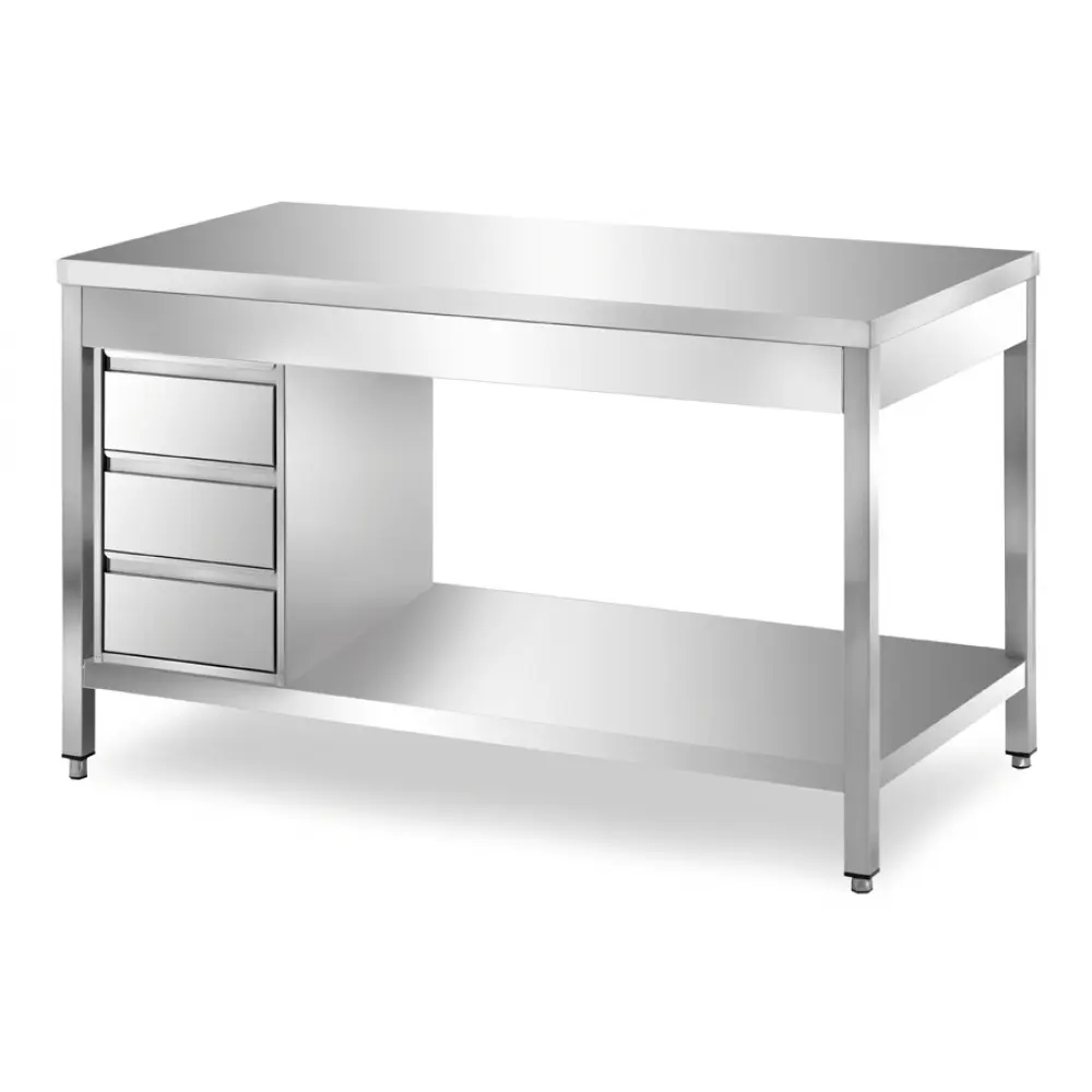 Stainless steel table with lower shelf and side drawers
