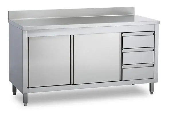 Stainless steel cabinet table with rear backsplash