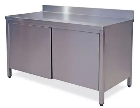Stainless steel cabinet table with sliding doors and rear backsplash