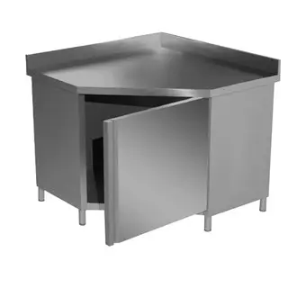 Corner stainless steel table with hinged door and rear backsplash